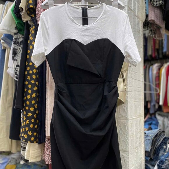 Dresses & Skirts - Black and White Two-Tone Draped Mini Dress